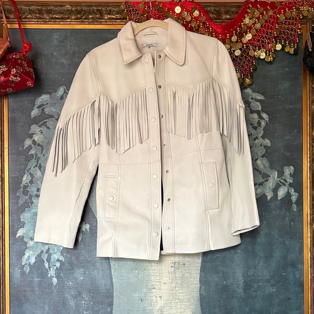 Ganni NWT Fringed Cream Leather Jacket